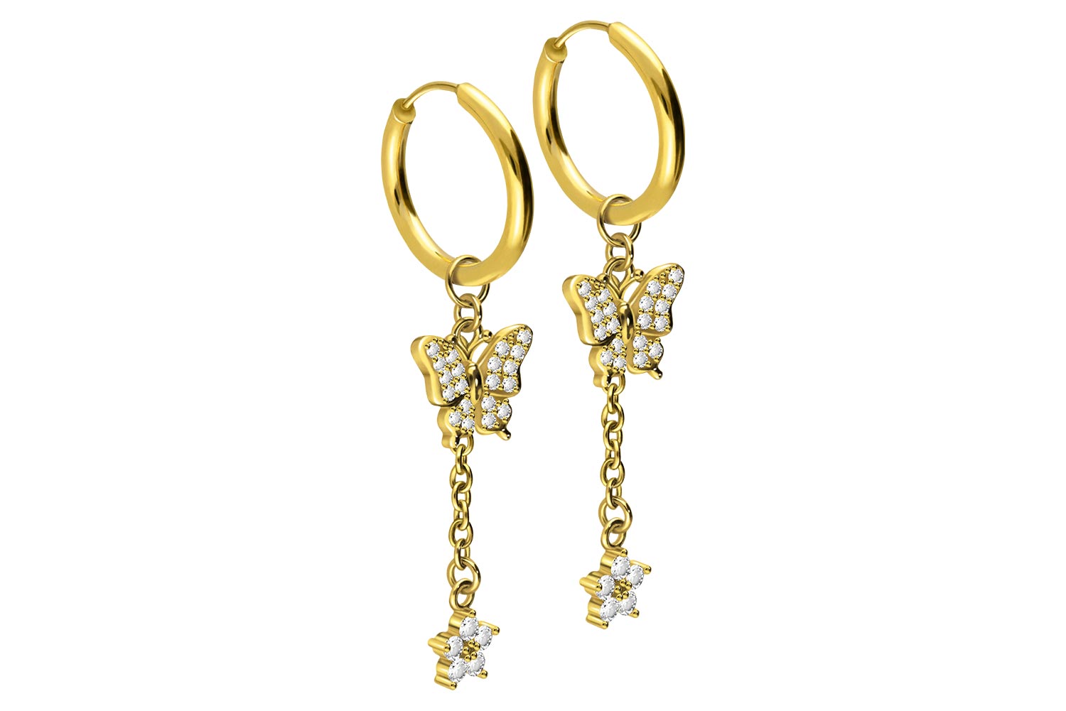 Chirurgenstahl Ohrclicker Creolen KRISTALLSCHMETTERLING + KRISTALLBLUME von Piercingline